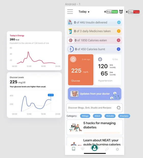 Basic UI design for the diabetes management app.